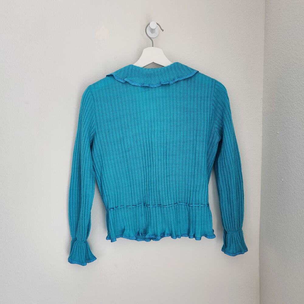 Vintage 70s Blue Teal Knit Ruffle Wrap Cardigan Tie Waist Top S Kentelle - Picture 15 of 16